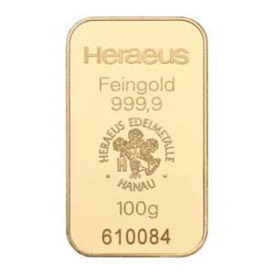 Heraeus Gold Minted Bars 100 g