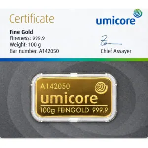 Umicore geslagen goudbaren 100 g