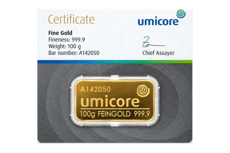 Umicore geslagen goudbaren 100 g
