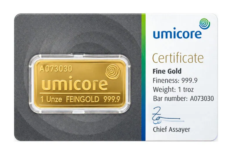 Umicore geslagen goudbaren 1 oz