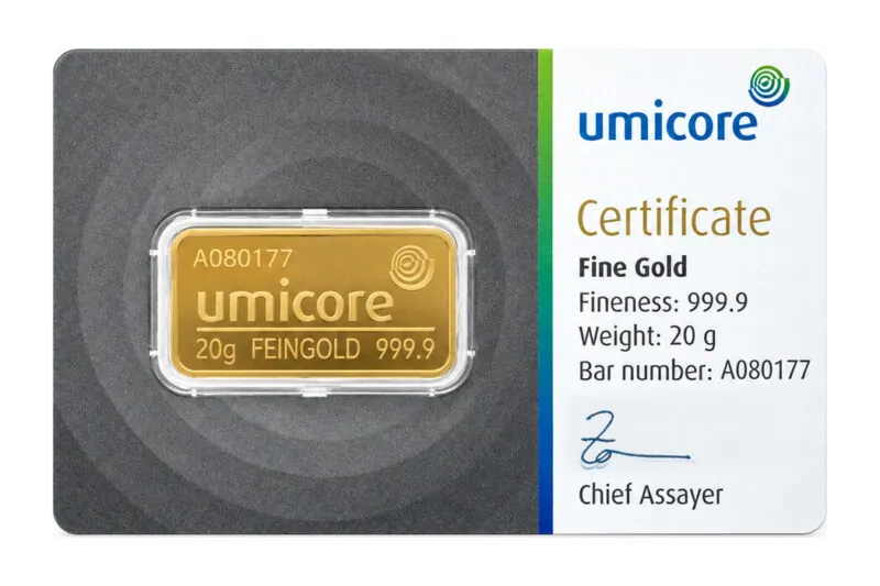 Umicore geslagen goudbaren 20 g