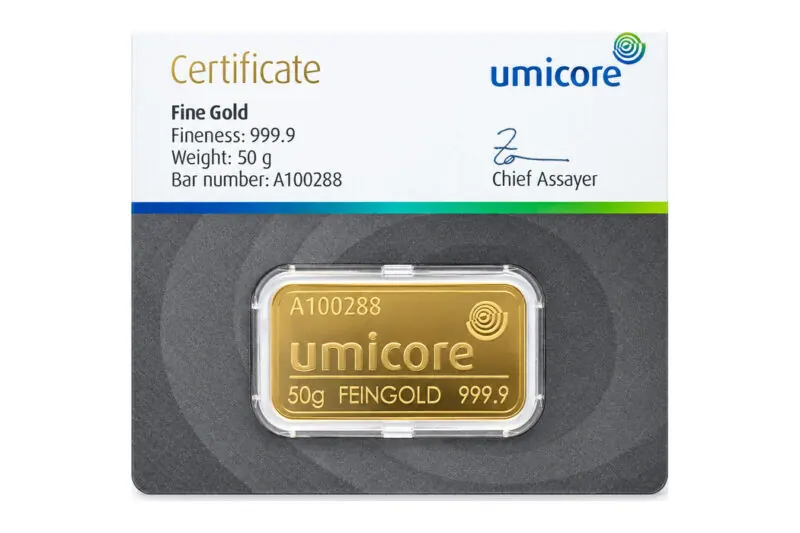 Umicore geslagen goudbaren 50 g
