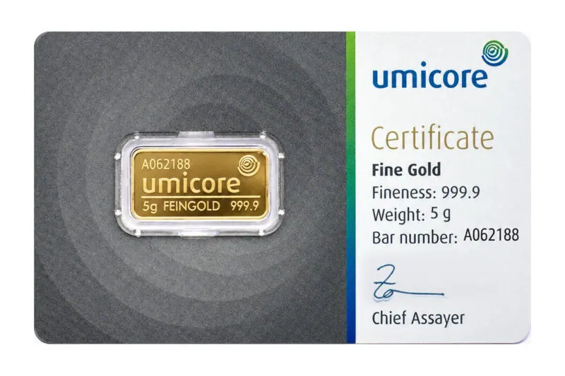 Umicore geslagen goudbaren 5 g